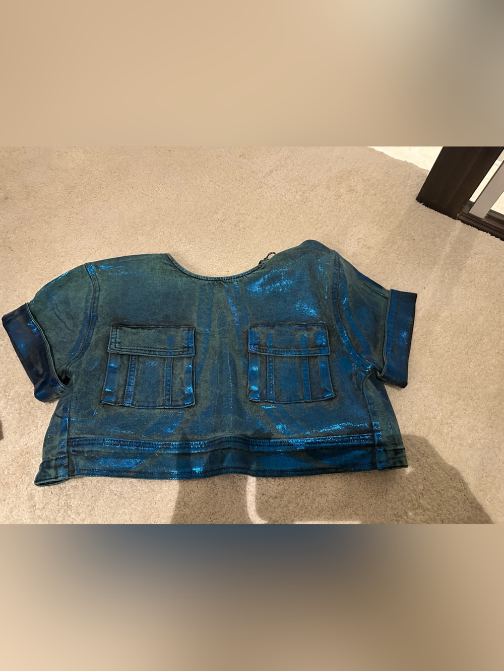 Akira Blue Metallic Jeans Jacket - Stylish Shimmer backless/crop